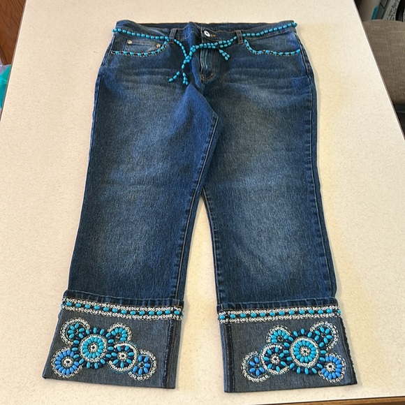 DH2 by Diane Gilman Embellished Beaded Belted Cuffed Jeans 14P 💙🩵 STUNNING! - Picture 1 of 15